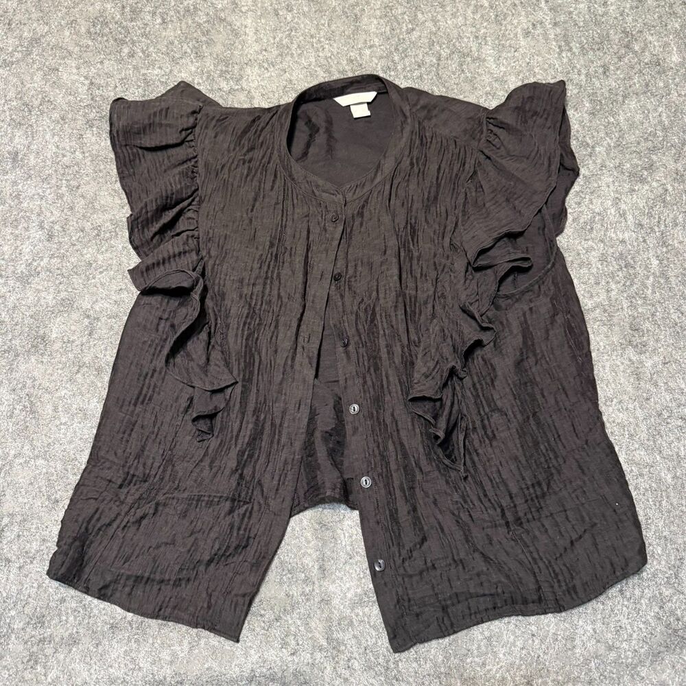 Hm Womens Blouse Shirt Size XL Black Frill Trimmed Flared Sleeve Button Up